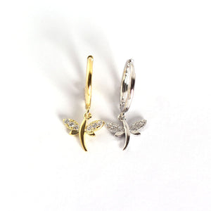 Dragonfly Hoop Earring Huggie • 925 Sterling Silver • Hypoallergenic Small Huggie Hoop Earrings Gold Plated Cubic Zirconia for Women Girls Jewelry Gifts