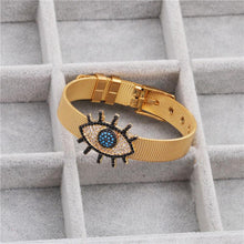 Load image into Gallery viewer, Evil Eye Mesh Bracelet Stainless Steel Mesh Watch Belt Bracelet for Women Evil Eye Charm Strap Bangle Outdoor Jewelry Gift - Luna Jewelry
