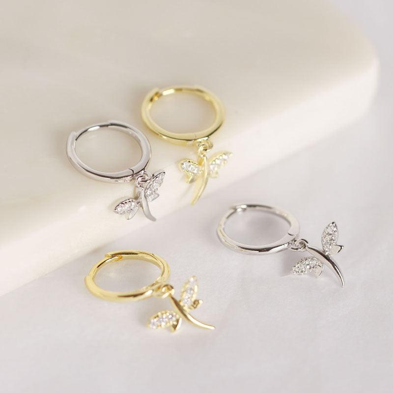 Dragonfly Hoop Earring Huggie • 925 Sterling Silver • Hypoallergenic Small Huggie Hoop Earrings Gold Plated Cubic Zirconia for Women Girls Jewelry Gifts - Luna Jewelry