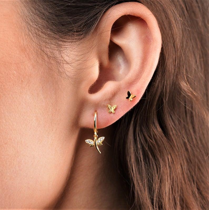 Dragonfly Hoop Earring Huggie • 925 Sterling Silver • Hypoallergenic Small Huggie Hoop Earrings Gold Plated Cubic Zirconia for Women Girls Jewelry Gifts - Luna Jewelry