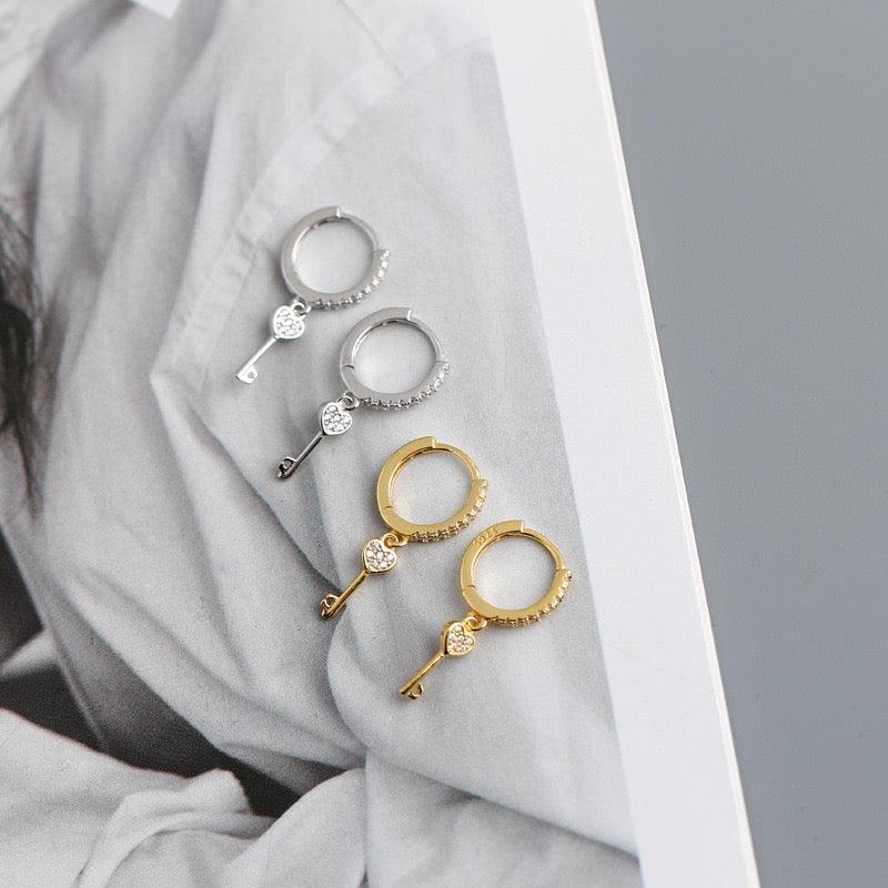 Heart Key Earring, Sterling Silver Huggie Hoops with CZ Crystal Key Hoop Earring, Tiny Hoops, Minimalist Earrings - Luna Jewelry