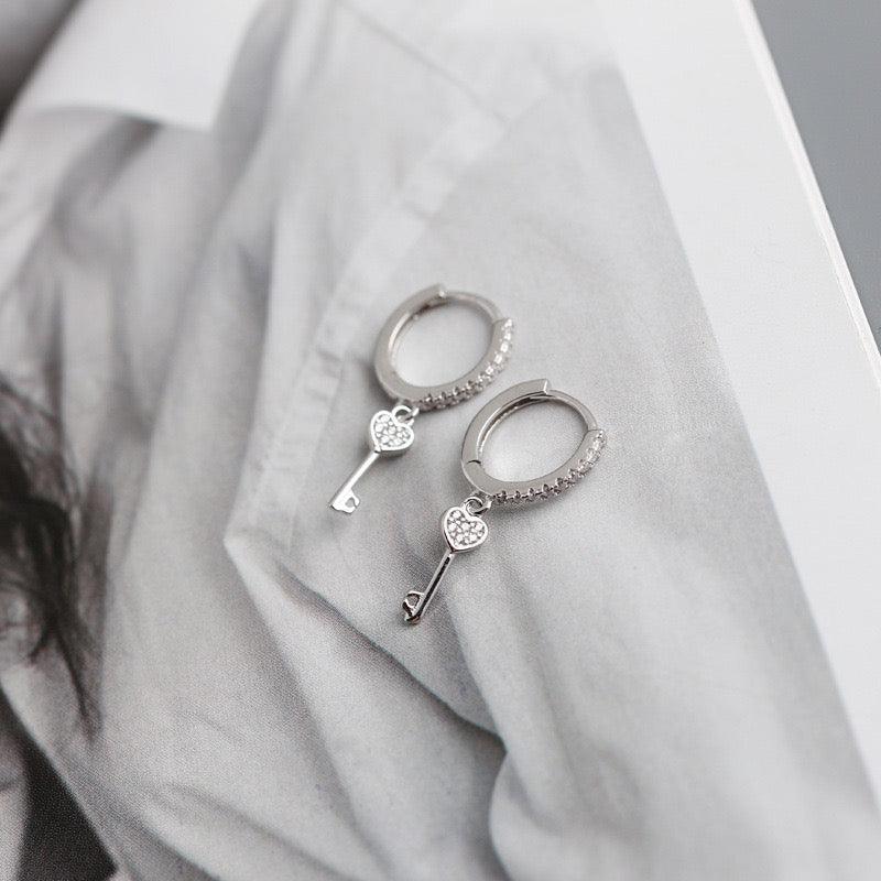 Heart Key Earring, Sterling Silver Huggie Hoops with CZ Crystal Key Hoop Earring, Tiny Hoops, Minimalist Earrings - Luna Jewelry