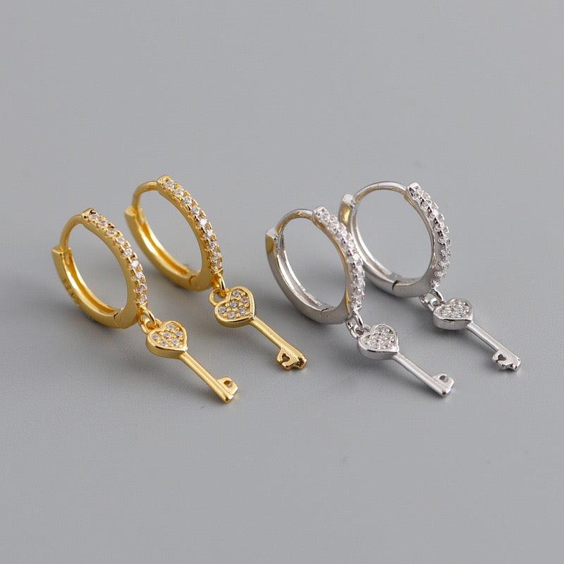 Heart Key Earring, Sterling Silver Huggie Hoops with CZ Crystal Key Hoop Earring, Tiny Hoops, Minimalist Earrings - Luna Jewelry