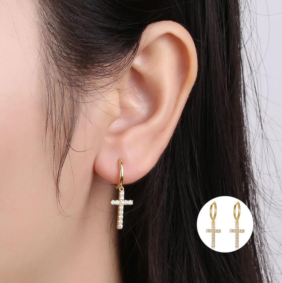 14k Gold Over 925 Sterling Silver Men Ladies Dangle Cross Hoop Earrings Iced