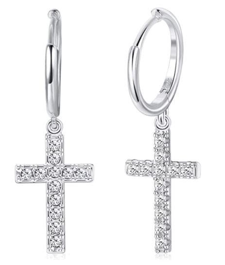 Cross Earrings Sterling Silver 925 Crystal Cross Earrings for Women Men Cross Huggie Hoop Dangle Earrings • Religious Jewelry - Luna Jewelry