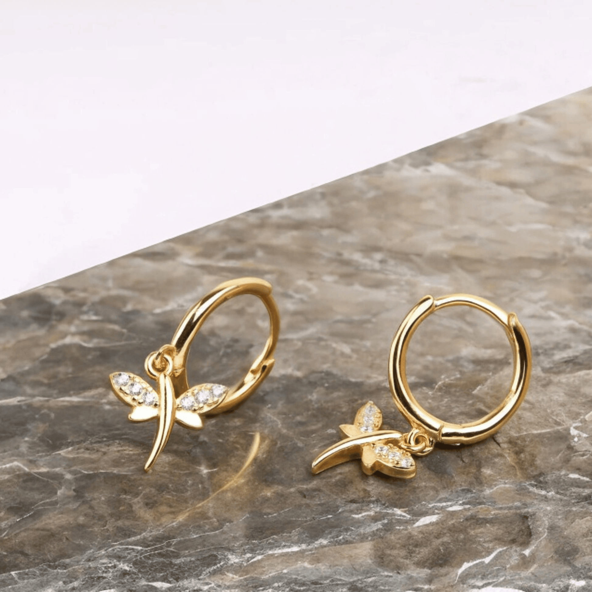 Dragonfly Hoop Earring Huggie • 925 Sterling Silver • Hypoallergenic Small Huggie Hoop Earrings Gold Plated Cubic Zirconia for Women Girls Jewelry Gifts - Luna Jewelry