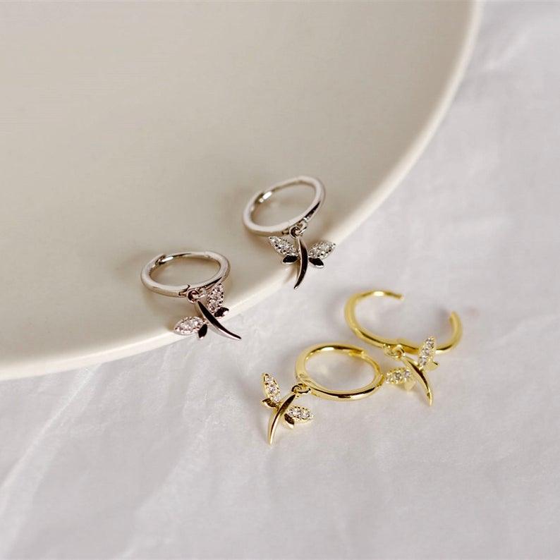 Dragonfly Hoop Earring Huggie • 925 Sterling Silver • Hypoallergenic Small Huggie Hoop Earrings Gold Plated Cubic Zirconia for Women Girls Jewelry Gifts - Luna Jewelry