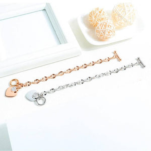 Heart Charm Bracelet | 316L Stainless Steel Tag Toggle Pendant CZ 7 Inches - Silver | Rose Gold - Luna Jewelry