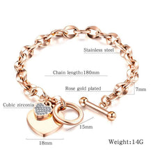 Load image into Gallery viewer, Heart Charm Bracelet | 316L Stainless Steel Tag Toggle Pendant CZ 7 Inches - Silver | Rose Gold - Luna Jewelry
