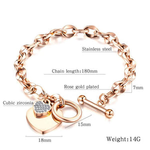 Heart Charm Bracelet | 316L Stainless Steel Tag Toggle Pendant CZ 7 Inches - Silver | Rose Gold - Luna Jewelry