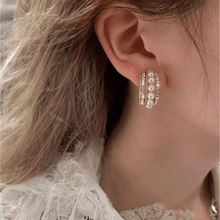 Load image into Gallery viewer, VINTAGE FRESH PEARL HOOP EARRINGS | Pearl C Shaped Earring | Pearls Stud Earrings | Cz Earrings | Small C Shape Studs | Luxury Wedding Earrings for Woman Gift - Luna Jewelry
