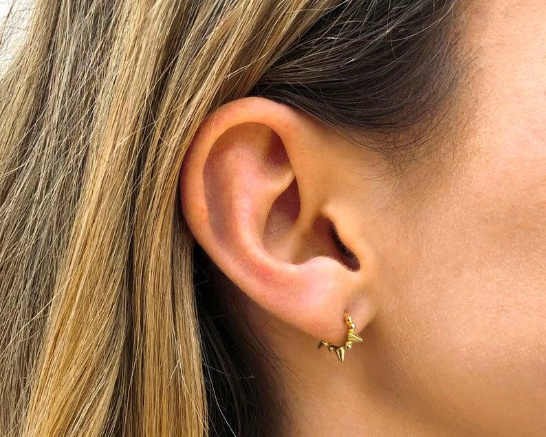 Spike Beaded Huggie Hoop Earrings, Gold Plated 925 Sterling Silver Small Geometric Earrings for Women - Luna Jewelry